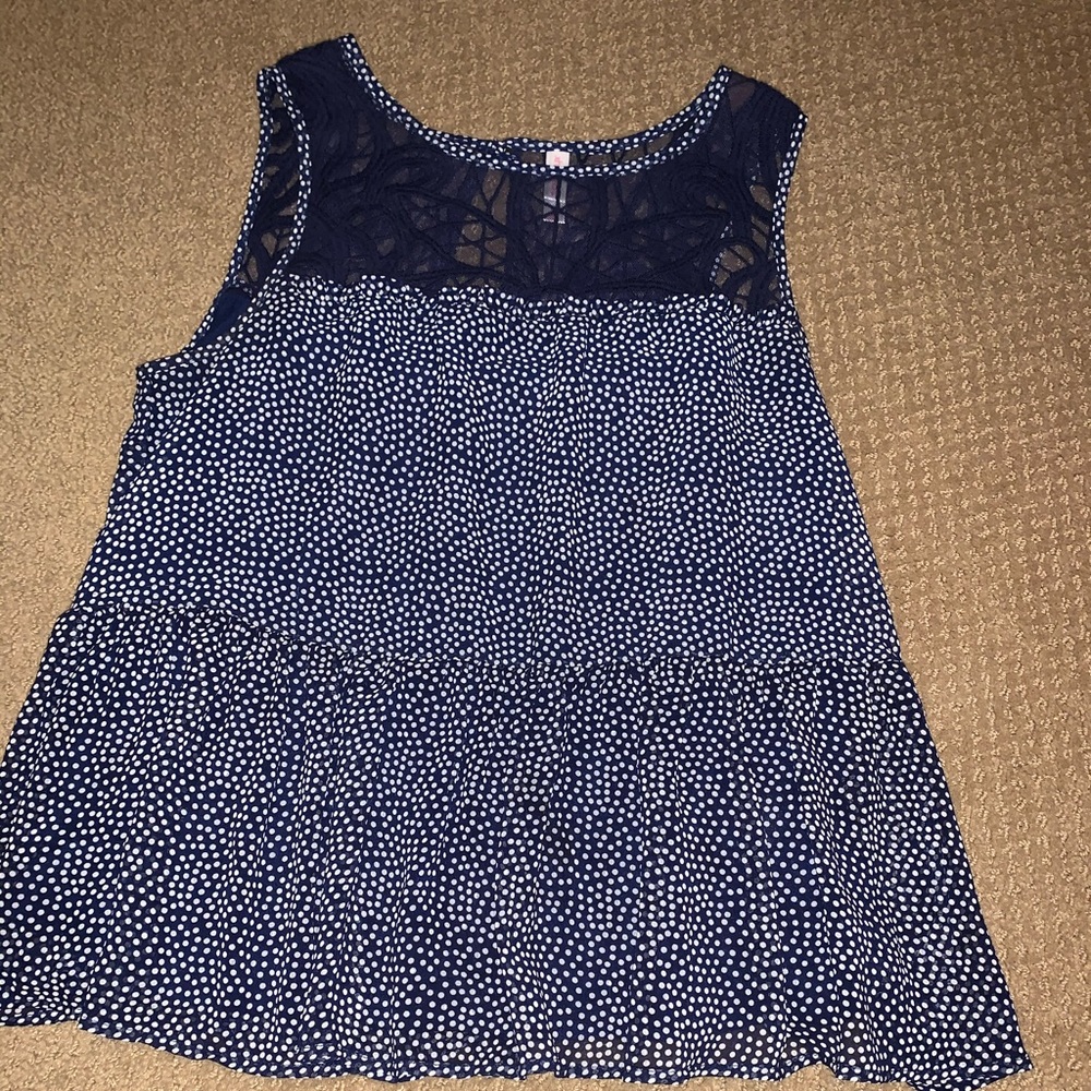 Navy and White Polka Dotted Blouse Size Medium